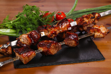 Pork shashlik kebab on the sticks