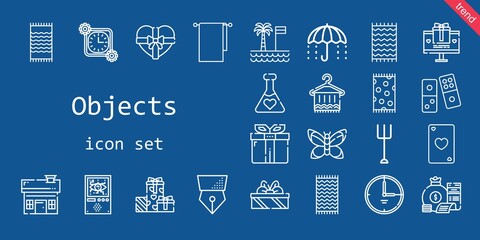 objects icon set. line icon style. objects related icons such as gift, potion, beach towel, umbrella, domotics, money bag, house, palm tree, towel, towels, butterfly, ace of hearts, pen