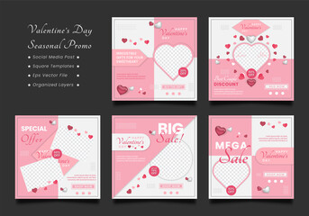 Fototapeta na wymiar Valentine's day square banner seasonal offer templates. Lovely heart shapes. Pink and White Background.
