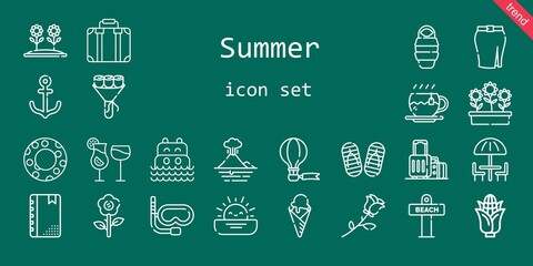 summer icon set. line icon style. summer related icons such as flowers, suitcase, umbrella, corn, cocktails, snorkel, bouquet, float, agenda, sea, flower, tea, hot air balloon, ice cream, skirt