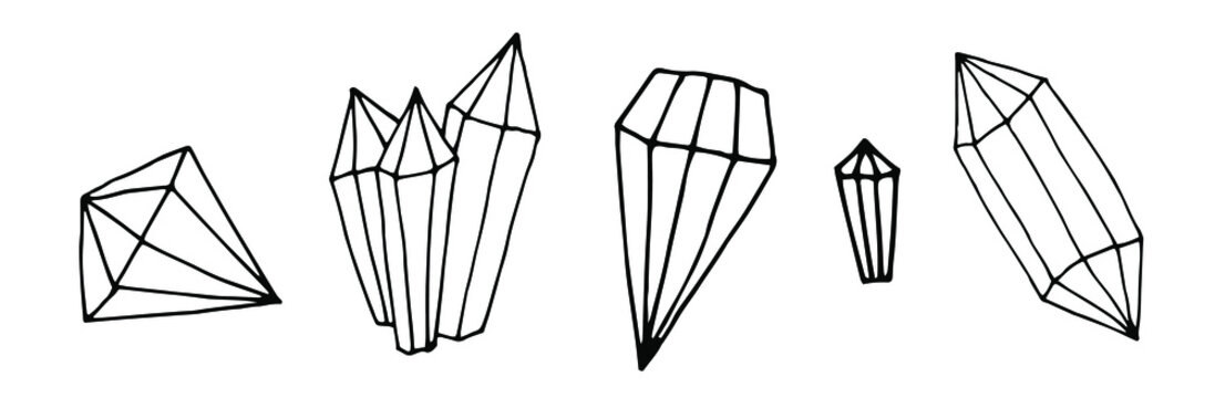 set of magic stones, diamonds, doodle illustration