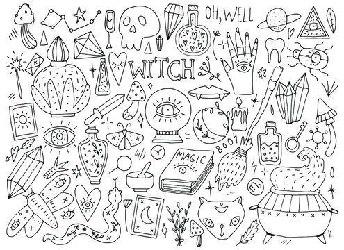 witches set, magic, doodle illustration on white background