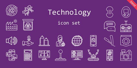 technology icon set. line icon style. technology related icons such as news, calculator, console, remote control, compress, sound, news reporter, joystick, investment, monitor, silo, wave