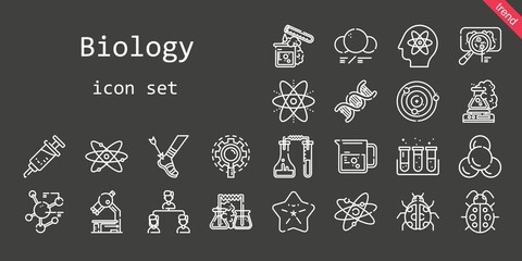 biology icon set. line icon style. biology related icons such as test tube, ladybug, beaker, virus, microscope, structure, research, atoms, vaccine, dna, atomic, molecule, flask, starfish, atom