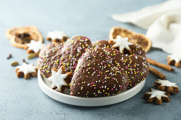 Traditional German gingerbread glazed with chocolate