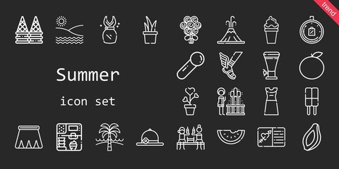 summer icon set. line icon style. summer related icons such as papaya, dress, limited time, scoop, bouquet, geyser, orange, ice cream, skirt, pamela, plant, beach, hermes, watermelon, volcano