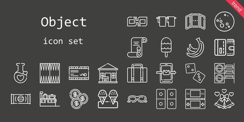 object icon set. line icon style. object related icons such as washing machine, sunglasses, console, mirror, potion, wallet, smartphone, suitcase, mail, backgammon, dice, link, degree, bananas