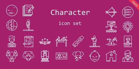 character icon set. line icon style. character related icons such as crocodile, artemis, groom, woman, exercise, air force, draw, stretching, list, research, home, flute, robot, skeleton, phantom