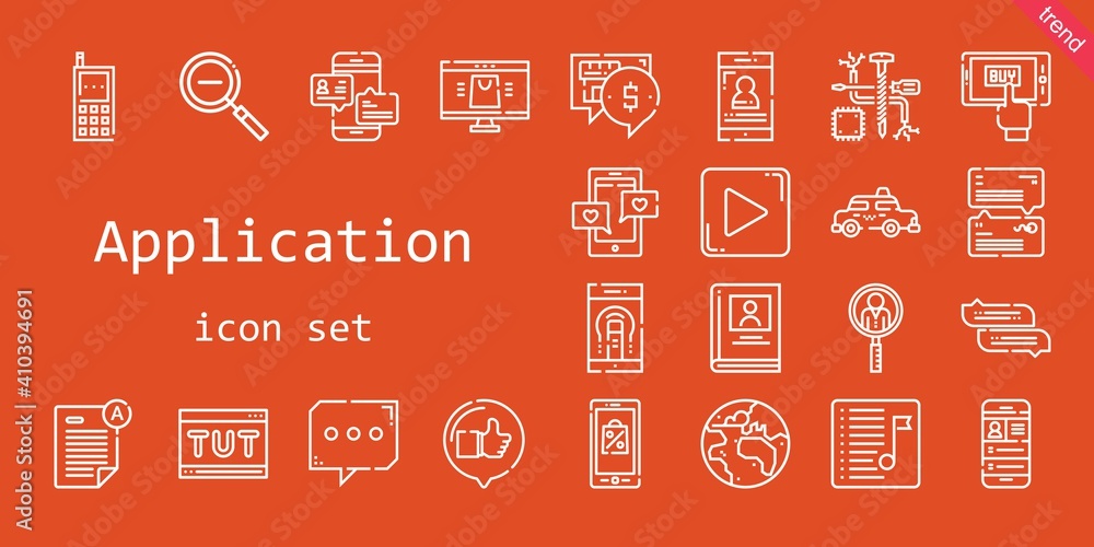 Poster application icon set. line icon style. application related icons such as job search, components, sma