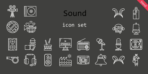 sound icon set. line icon style. sound related icons such as cd, video player, silent, audiobook, headphones, whistle, video camera, drum, portable, cassette, bell, wave, radio, guitar, ears