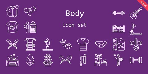 body icon set. line icon style. body related icons such as sun lotion, gym station, panties, jacuzzi, hot stones, dumbbell, weight, exercise, barbell, guitar, jumping rope, ears, shirt, footprint