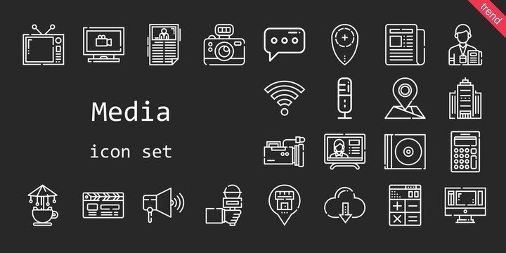 media icon set. line icon style. media related icons such as newspaper, news, calculator, cd, wifi, television, video camera, news report, monitor, carousel, clapperboard, message, monitoring