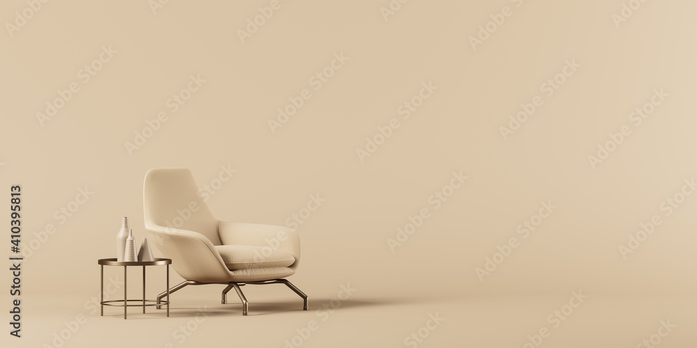 Poster armchair with coffee table on champagne color background. mock up. 3d rendering