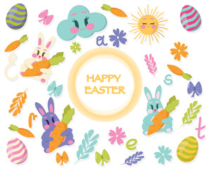Obraz na płótnie Canvas Set of Easter gift tags, scrapbooking elements, labels, badges with cute bunnies and lettering . Easter greeting stickers with bunny, flowers, eggs. 