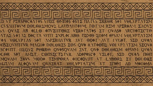 Ancient fire Inscriptions Greece Table Symbol. Bas-Relief On Ancient wall. Text In Greek Language On Ancient Stone 