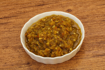 Green spicy sauce in the bowl