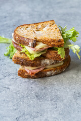 Half Cut Roast Beef Sandwich with Sourdough Bread Toasted and Mozzarella Cheese.