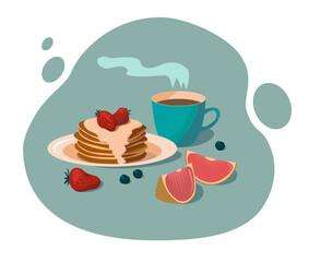 The pancakes with a cup of coffee and berries. There is also a grapefruit. On a blue background
