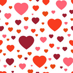 Seamless vector pattern red hearts on white background. Color pattern with hearts. Chaotic pattern hearts. Backdrop for valentines day or card love.