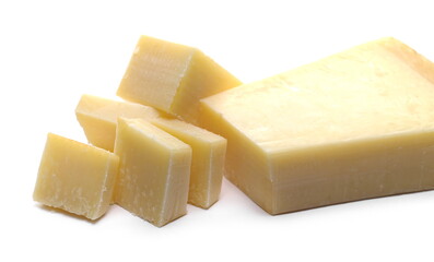Cheese wedge slices, Italian Grana Padano chunks isolated on white background