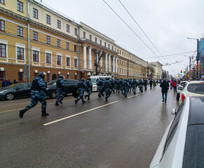 Policemen with shields at a peaceful protest in the city streets