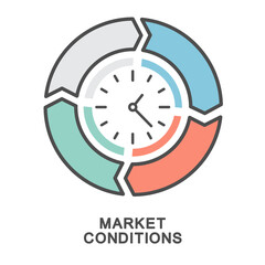 Icon – conditions. An arrow chart and a clock show the market situation at a given time. The thin contour lines with color fills.
