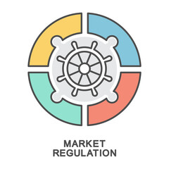 Icon – market regulation. A set of measures, actions used to correct and establish the main economic processes in the market. The steering wheel is a symbol of control. The thin contour lines with col