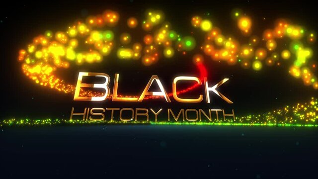 4K 3D Black History Month golden text with colorful glittering magical particles background concept. Black History Month Magic Light Cinematic Title Trailer animation opening title intro text message.