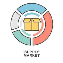 Icon - supply in the consumer market. The packaging chart is the quantity of goods and services for sale at specified prices in the consumer market. The thin contour lines with color fills. - obrazy, fototapety, plakaty