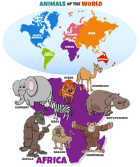 educational illustration with African animals and continents map