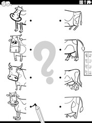 match halves of cartoon cows pictures coloring book page