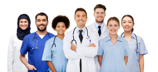medicine, healthcare and people concept - international group of happy smiling doctors over white background - Powered by Adobe