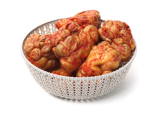 hot pickled mustard tuber on white background 