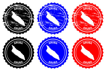 Aruba - rubber stamp - vector, Aruba island map pattern - sticker - black, blue and red