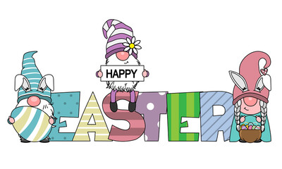 Happy easter card. Gnomes with the word easter. Isolated vector