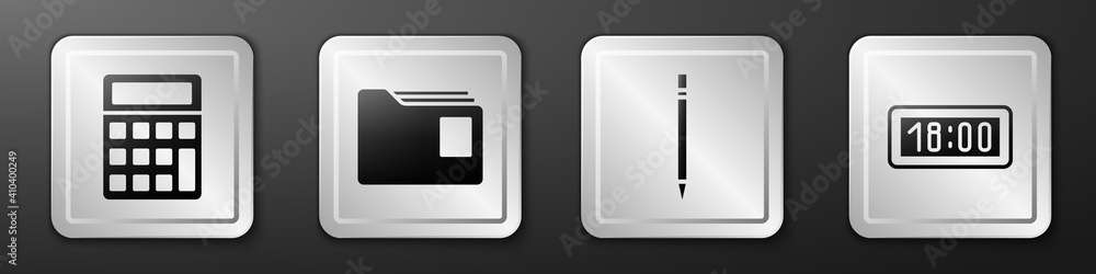 Poster set calculator, document folder, pencil with eraser and digital alarm clock icon. silver square butt