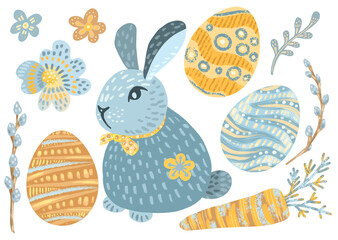 Easter bunny, eggs, flowers, pussy willow. Stickers, elements for your design. Easter greeting cards. Сute computer graphics objects.