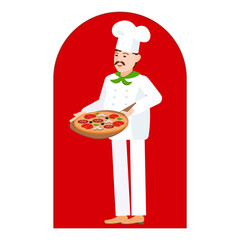 Chef with pizza. Vector image of the cook for animation. The chef holds a cooked pizza in his hands. Editable strokes.
