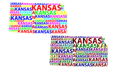 Sketch Kansas (United States of America) letter text map, Kansas map - in the shape of the continent, Map Kansas - color vector illustration