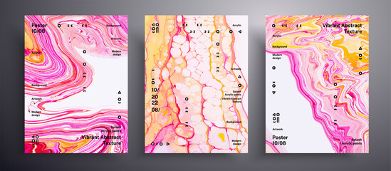 Abstract vector banner, pack of modern design fluid art covers. Beautiful background that can be used for design cover, invitation, flyer and etc. Pink, yellow and white creative iridescent artwork