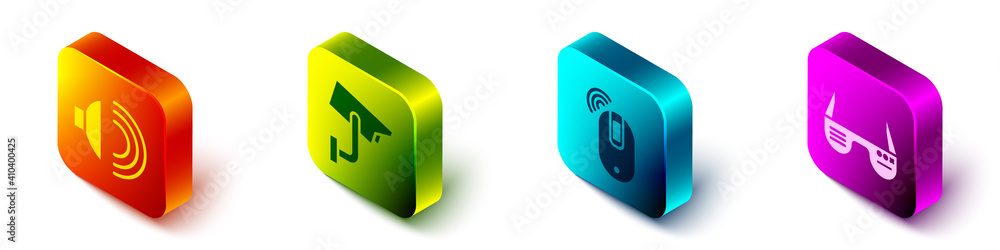 Poster set isometric speaker volume, security camera, wireless computer mouse and smart glasses icon. vecto