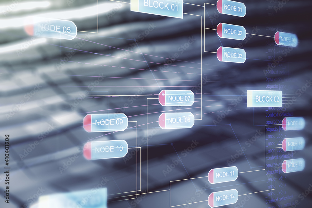 Poster double exposure of abstract programming language interface on blurry metal background, research and 