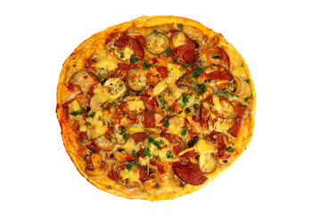 Fresh homemade pizza with sausage, cheese and pickles top view, isolated on white