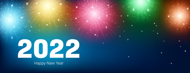 2022 New Year card template with numbers and multicolored fireworks on dark blue background