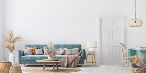 Home interior mock-up with blue sofa, wooden table and decor in white living room, panorama, 3d render - obrazy, fototapety, plakaty