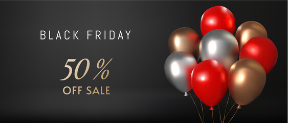 Black Friday banner with 3d metallic balloons on black background