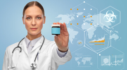 medicine, healthcare and pandemic concept - close up of female doctor with stethoscope holding jar of pills over world statistics on blue background