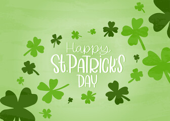 Happy Saint Patricks day light green card or banner vector design with shamrock diagonal cluster.
