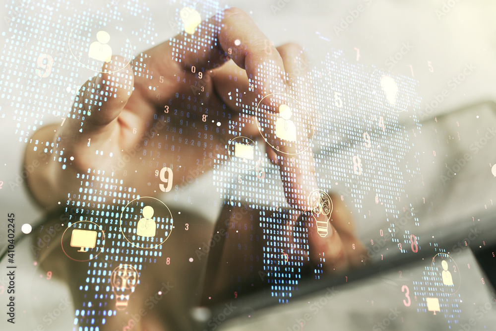 Aufkleber double exposure of social network icons concept with world map and hand working with a digital table
