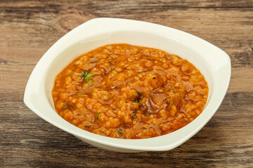 Traditional Georgian Kharcho soup with meat